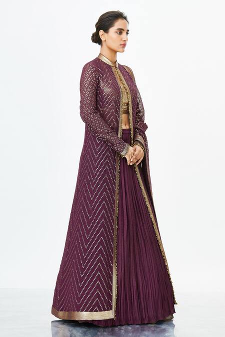 Nakul Sen_Purple Chiffon Embellished Jacket Lehenga Set_Online_at_Aza_Fashions