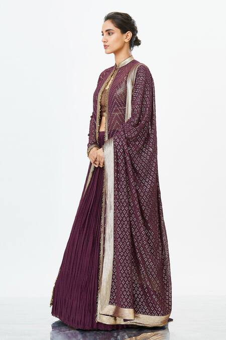 Buy_Nakul Sen_Purple Chiffon Embellished Jacket Lehenga Set_Online_at_Aza_Fashions