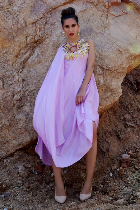 Shop Xoxo Apurva Purple Crepe Round 3d Embroidered Draped Tunic And Flared Pant Set at Aza Fashions Shop_Xoxo Apurva_Purple Crepe Round 3d Embroidered Draped Tunic And Flared Pant Set _at_Aza_Fashions