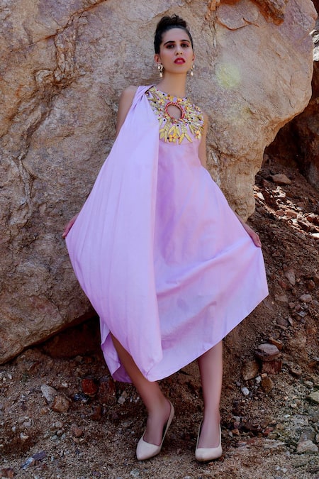 Xoxo Apurva Purple Crepe Round 3d Embroidered Draped Tunic And Flared Pant Set Online at Aza Fashions Xoxo Apurva_Purple Crepe Round 3d Embroidered Draped Tunic And Flared Pant Set _Online_at_Aza_Fashions