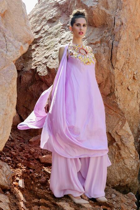 Buy_Xoxo Apurva_Purple Crepe Round 3d Embroidered Draped Tunic And Flared Pant Set _Online_at_Aza_Fashions