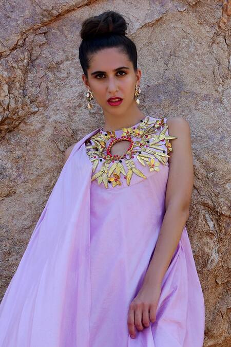 Shop Xoxo Apurva Purple Crepe Round 3d Embroidered Draped Tunic And Flared Pant Set Online at Aza Fashions Shop_Xoxo Apurva_Purple Crepe Round 3d Embroidered Draped Tunic And Flared Pant Set _Online_at_Aza_Fashions