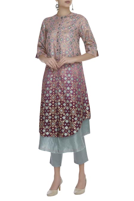 I Am Design Purple Round Woven Kurta Set 