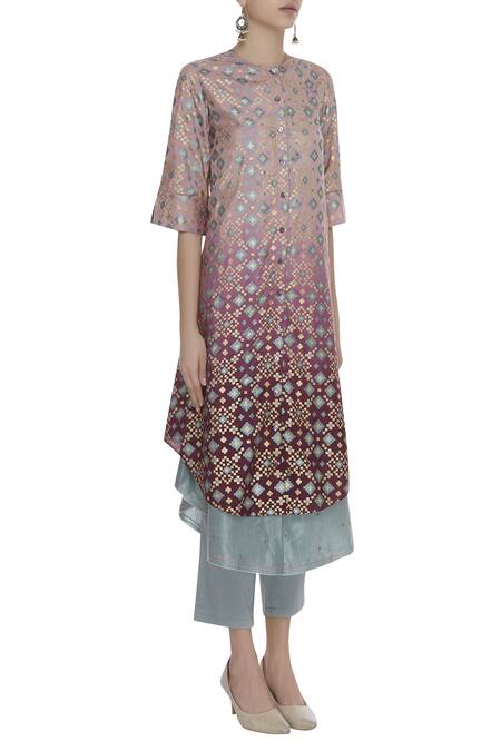 I Am Design_Purple Round Woven Kurta Set _Online_at_Aza_Fashions