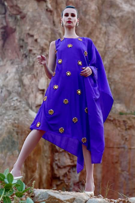 Shop Xoxo Apurva Purple Pure Silk Round 3d Embroidered Draped Dress at Aza Fashions Shop_Xoxo Apurva_Purple Pure Silk Round 3d Embroidered Draped Dress _at_Aza_Fashions