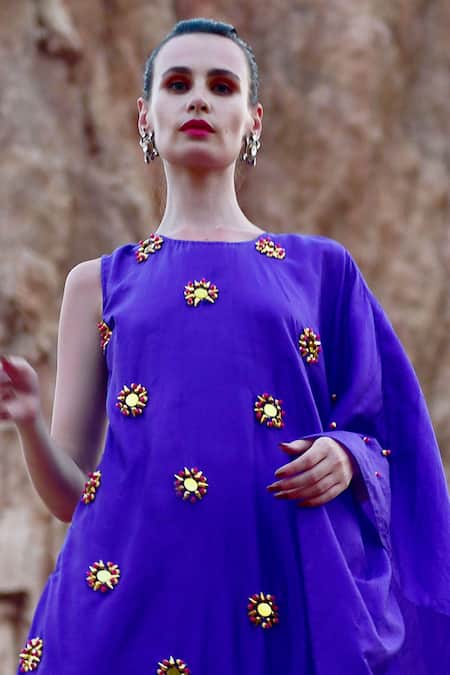 Shop Xoxo Apurva Purple Pure Silk Round 3d Embroidered Draped Dress Online at Aza Fashions Shop_Xoxo Apurva_Purple Pure Silk Round 3d Embroidered Draped Dress _Online_at_Aza_Fashions