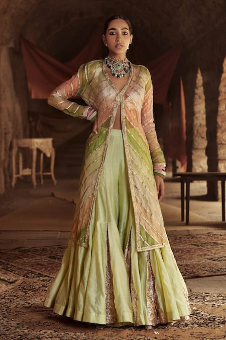 All beige gold mirrorwork jacket , blouse & tiered sharara set. – Arpita  Mehta Official