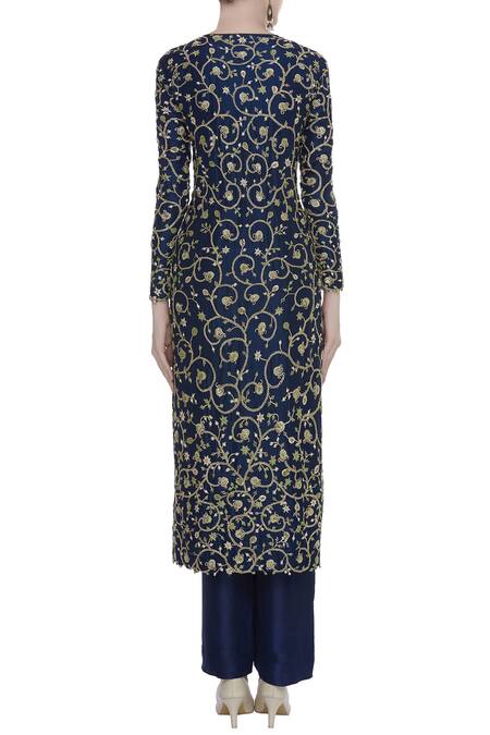 Shop Anamika Khanna Blue Embroidered Kurta With Pants And Dupatta at Aza Fashions Shop_Anamika Khanna_Blue Embroidered Kurta With Pants And Dupatta_at_Aza_Fashions