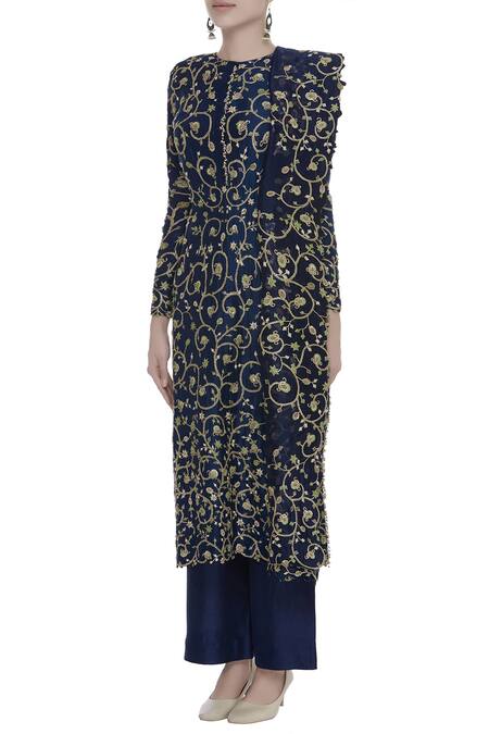 Anamika Khanna Blue Embroidered Kurta With Pants And Dupatta Online at Aza Fashions Anamika Khanna_Blue Embroidered Kurta With Pants And Dupatta_Online_at_Aza_Fashions