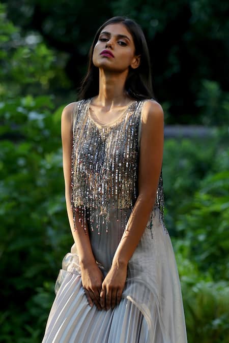 Shop Nandita Thirani Grey Silk, Organza, Net Round Embellished Top And Pleated Lehenga Set at Aza Fashions Shop_Nandita Thirani_Grey Silk, Organza, Net Round Embellished Top And Pleated Lehenga Set _at_Aza_Fashions