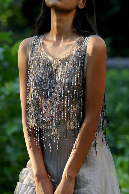 Nandita Thirani Grey Silk, Organza, Net Round Embellished Top And Pleated Lehenga Set Online at Aza Fashions Nandita Thirani_Grey Silk, Organza, Net Round Embellished Top And Pleated Lehenga Set _Online_at_Aza_Fashions