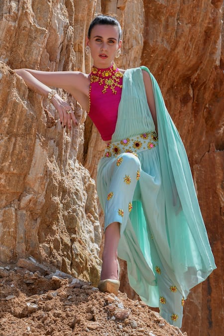 Shop_Xoxo Apurva_Blue Raw Silk, Georgette High Neck 3d Embroidered Pre-draped Pant Saree _at_Aza_Fashions