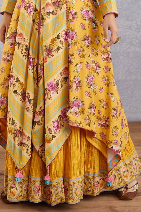 Buy_Torani_Yellow Cotton Silk, Handwoven Chanderi, Voile Sunehra Aasira Kurta Sharara Set _Online_at_Aza_Fashions