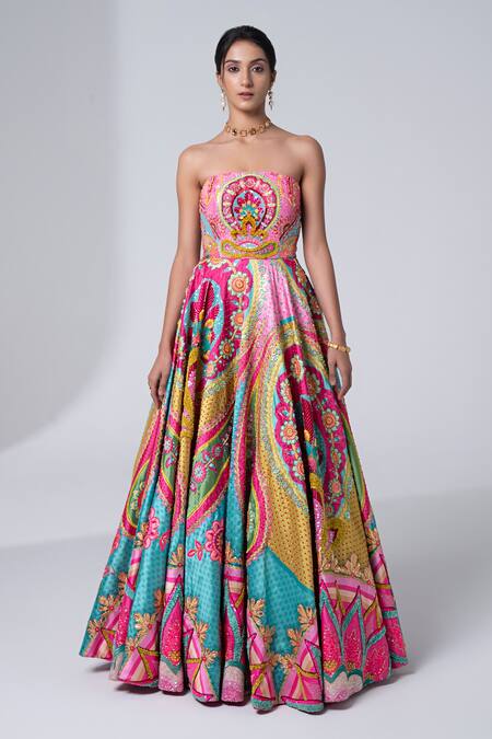 Siddhartha Bansal Multi Color Silk Taffeta Embroidered 3d Straight Bandeau Gown Online at Aza Fashions Siddhartha Bansal_Multi Color Silk Taffeta Embroidered 3d Straight Bandeau Gown _Online_at_Aza_Fashions