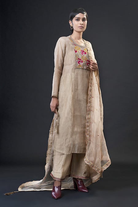 ADITYA SIKAND Beige 70% Organic Cotton Embellished Round Embroidered Kurta Set 