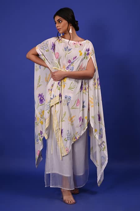 Buy_Rimi Nayak_White Modal, Crepe Embroidery Boat Neck Floral Printed Cape Style Tunic _Online_at_Aza_Fashions