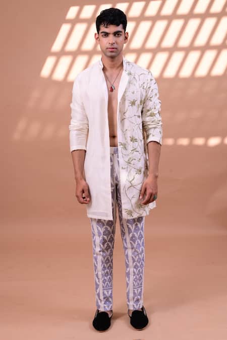 Gaurav Katta White Twill And Chanderi Hand Block & Sequin Jacket Kurta With Pants 
