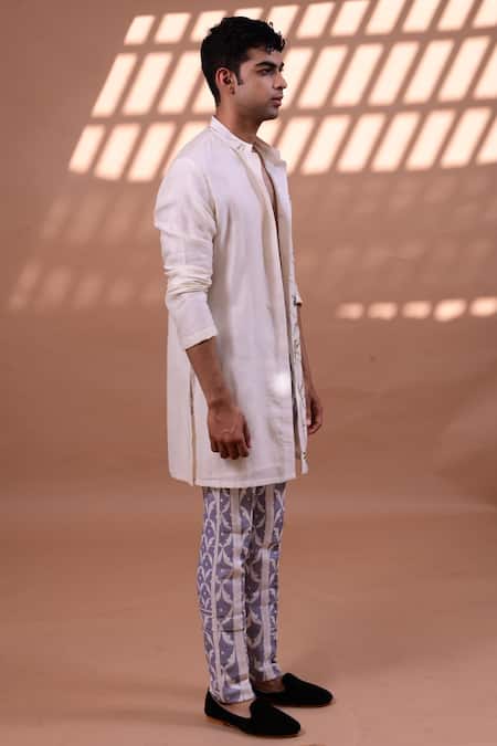 Gaurav Katta_White Twill And Chanderi Hand Block & Sequin Jacket Kurta With Pants _Online_at_Aza_Fashions