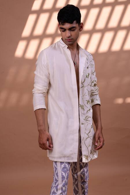 Buy_Gaurav Katta_White Twill And Chanderi Hand Block & Sequin Jacket Kurta With Pants _Online_at_Aza_Fashions
