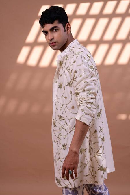 Shop_Gaurav Katta_White Twill And Chanderi Hand Block & Sequin Jacket Kurta With Pants _Online_at_Aza_Fashions