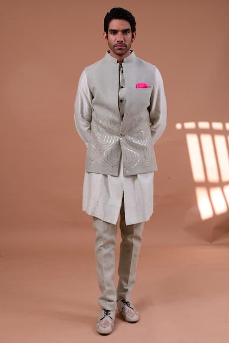 Gaurav Katta Blue Linen And Chanderi Sequin Bundi & Kurta Set 
