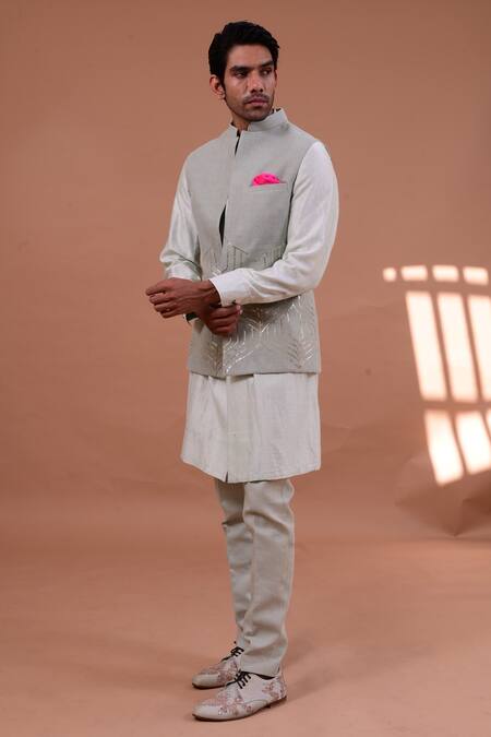 Gaurav Katta_Blue Linen And Chanderi Sequin Bundi & Kurta Set _Online_at_Aza_Fashions