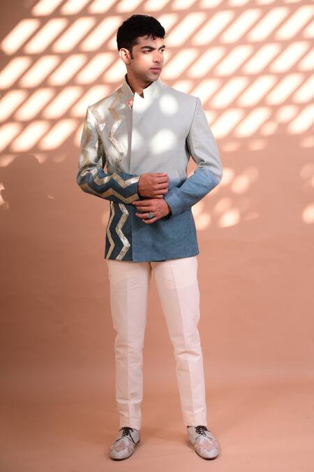 Gaurav Katta_Blue Linen And Twill Embroidery Sequin Bandhgala & Pant Set _Online_at_Aza_Fashions