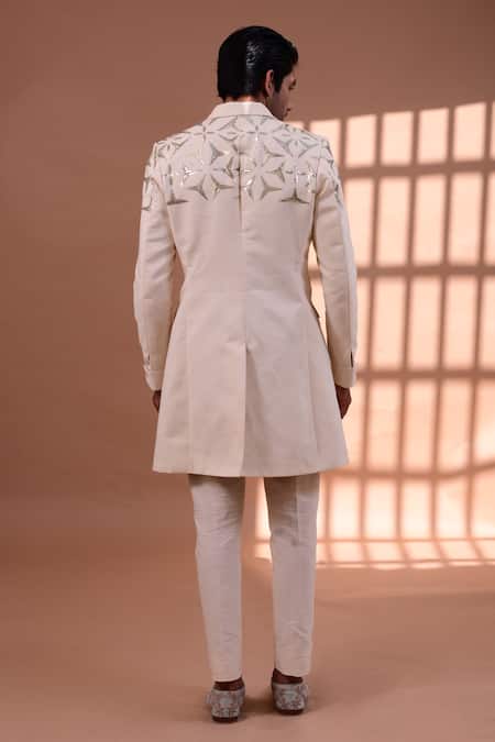 Shop Gaurav Katta White Twill Sequin Embroidered Sherwani Pant Set at Aza Fashions Shop_Gaurav Katta_White Twill Sequin Embroidered Sherwani Pant Set _at_Aza_Fashions