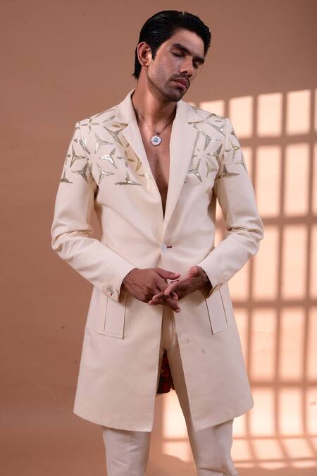 Shop_Gaurav Katta_White Twill Sequin Embroidered Sherwani Pant Set _Online_at_Aza_Fashions