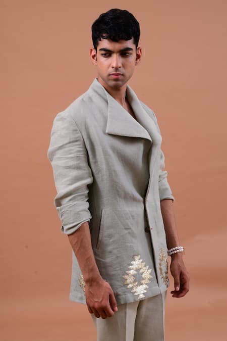 Gaurav Katta_Blue Linen Sequin Jacket Pant Set_Online_at_Aza_Fashions