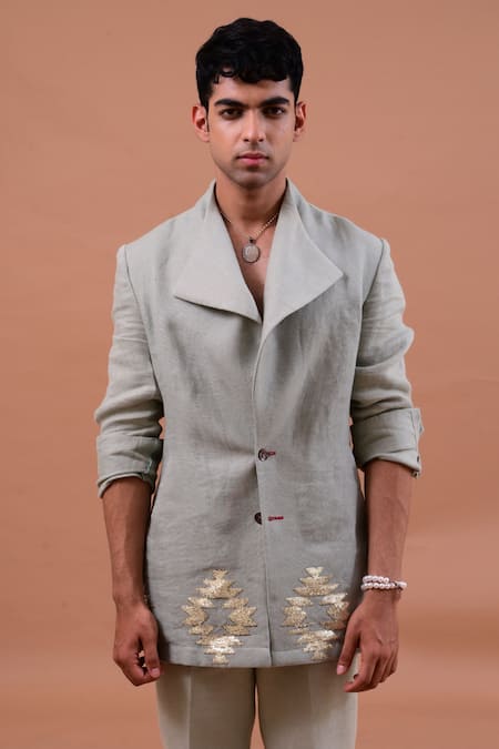 Buy_Gaurav Katta_Blue Linen Sequin Jacket Pant Set_Online_at_Aza_Fashions