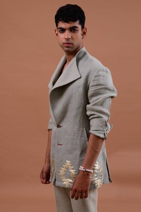 Shop_Gaurav Katta_Blue Linen Sequin Jacket Pant Set_Online_at_Aza_Fashions