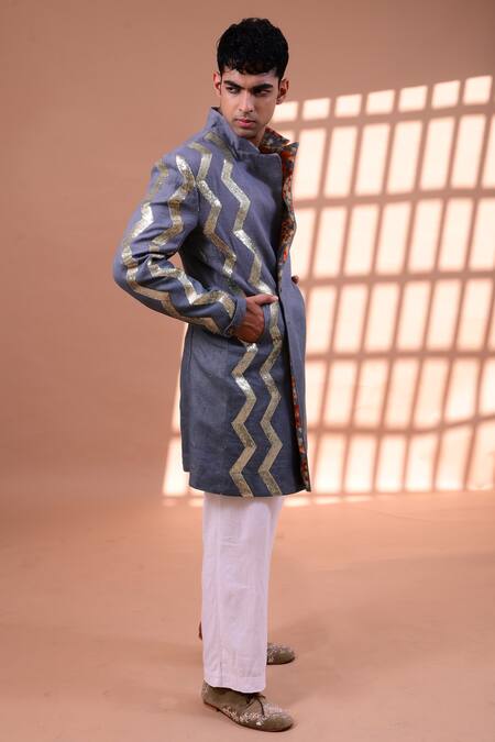 Gaurav Katta_Grey Linen Sequin Sherwani With Pants _Online_at_Aza_Fashions