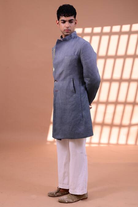 Buy Gaurav Katta Grey Linen Sequin Sherwani With Pants Online at Aza Fashions Buy_Gaurav Katta_Grey Linen Sequin Sherwani With Pants _Online_at_Aza_Fashions