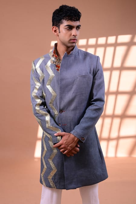 Shop_Gaurav Katta_Grey Linen Sequin Sherwani With Pants _Online_at_Aza_Fashions