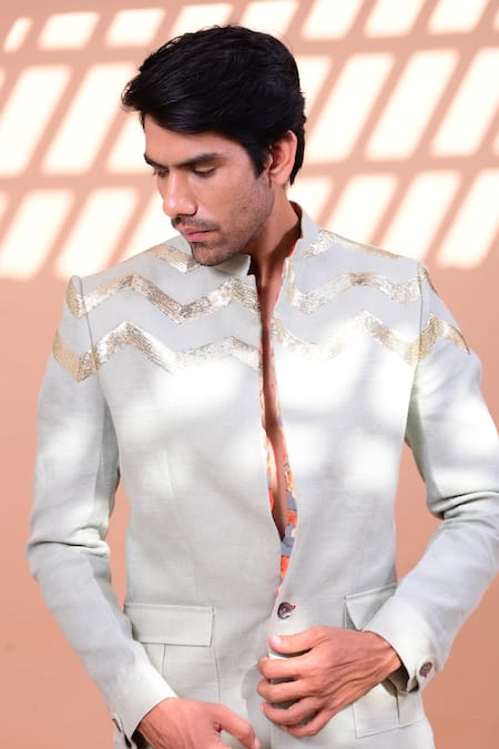 Buy_Gaurav Katta_Blue Linen Sequin Sherwani And Pant Set_Online_at_Aza_Fashions