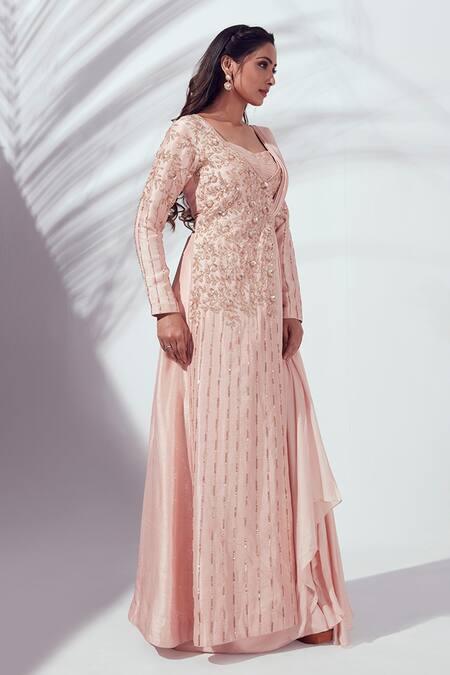 Suruchi Parakh_Pink Tussar Silk And Georgette Crepe Lining Jacket & Pre-draped Saree Set_Online_at_Aza_Fashions
