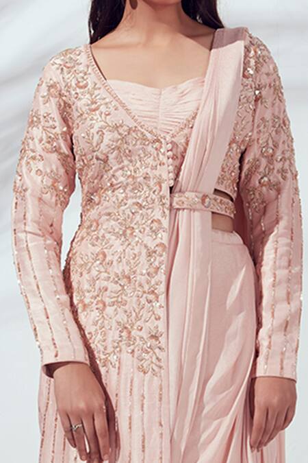 Suruchi Parakh_Pink Tussar Silk And Georgette Crepe Lining Jacket & Pre-draped Saree Set_at_Aza_Fashions