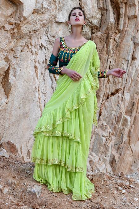 Shop Xoxo Apurva Green Raw Silk, Georgette Asymmetric Pre-draped Ruffle Saree With Blouse at Aza Fashions Shop_Xoxo Apurva_Green Raw Silk, Georgette Asymmetric Pre-draped Ruffle Saree With Blouse _at_Aza_Fashions