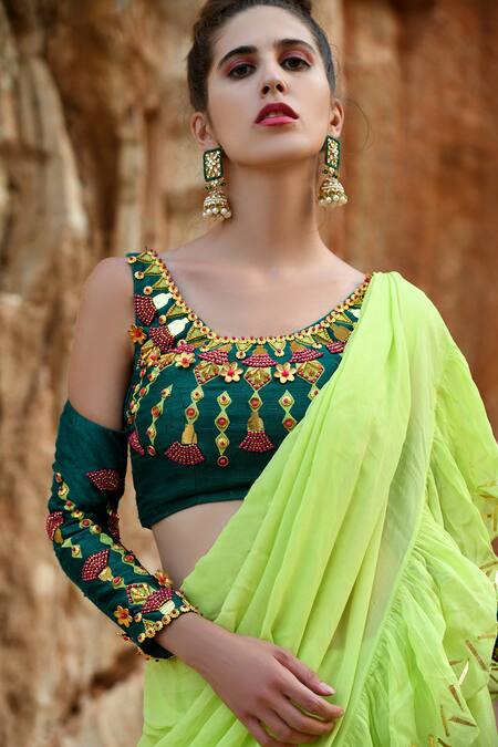 Xoxo Apurva_Green Raw Silk, Georgette Asymmetric Pre-draped Ruffle Saree With Blouse _Online_at_Aza_Fashions