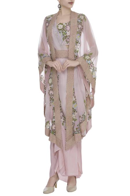 Anamika Khanna Pink Draped Skirt With Bustier And Cape