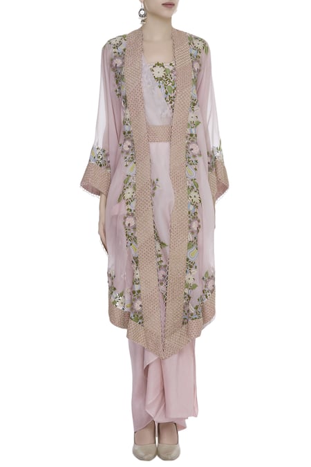Anamika Khanna_Pink Draped Skirt With Bustier And Cape_Online_at_Aza_Fashions