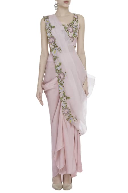 Buy_Anamika Khanna_Pink Draped Skirt With Bustier And Cape_Online_at_Aza_Fashions