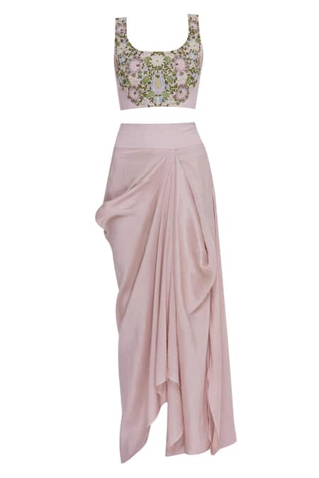 Shop_Anamika Khanna_Pink Draped Skirt With Bustier And Cape_Online_at_Aza_Fashions