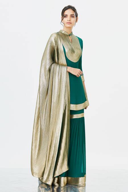 Nakul Sen_Green Chiffon Embroidered Kurta Sharara Set_Online_at_Aza_Fashions