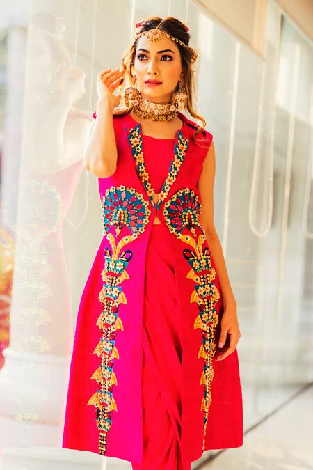 Shop Xoxo Apurva Pink Raw Silk V Neck 3d Embroidered Jacket And Draped Skirt Set at Aza Fashions Shop_Xoxo Apurva_Pink Raw Silk V Neck 3d Embroidered Jacket And Draped Skirt Set _at_Aza_Fashions