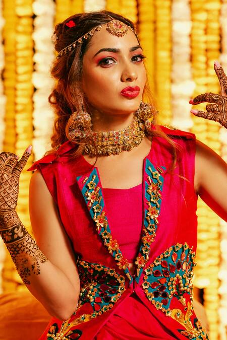 Buy Xoxo Apurva Pink Raw Silk V Neck 3d Embroidered Jacket And Draped Skirt Set Online at Aza Fashions Buy_Xoxo Apurva_Pink Raw Silk V Neck 3d Embroidered Jacket And Draped Skirt Set _Online_at_Aza_Fashions