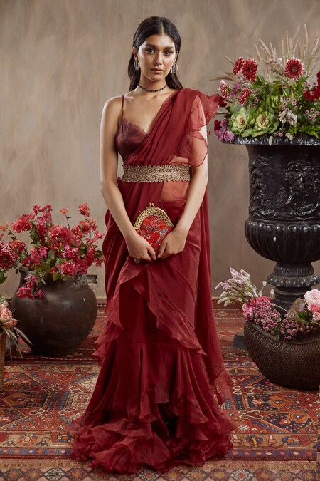 Nitisha Kashyap Official Pre-draped Ruffle Saree Bustier Set | Maroon,  Sequins, Uppada Silk, Sweetheart, Balloon Sleeves | Ruffle saree, Aza  fashion, Bustier