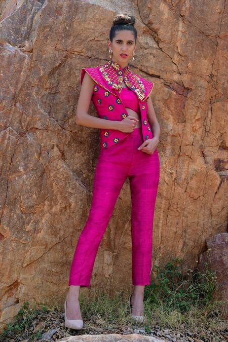 Xoxo Apurva_Pink Raw Silk Open 3d Embroidered Jacket And Pant Set _Online_at_Aza_Fashions