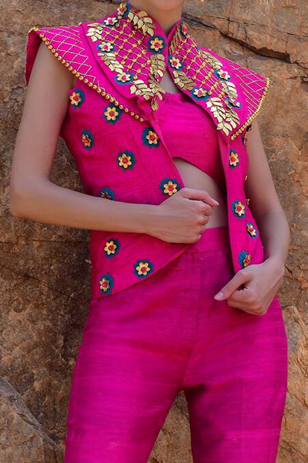 Shop Xoxo Apurva Pink Raw Silk Open 3d Embroidered Jacket And Pant Set Online at Aza Fashions Shop_Xoxo Apurva_Pink Raw Silk Open 3d Embroidered Jacket And Pant Set _Online_at_Aza_Fashions